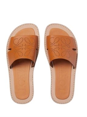 LOEWE Anagram Perforated Leather Slides Sandals Caramel - Size 10